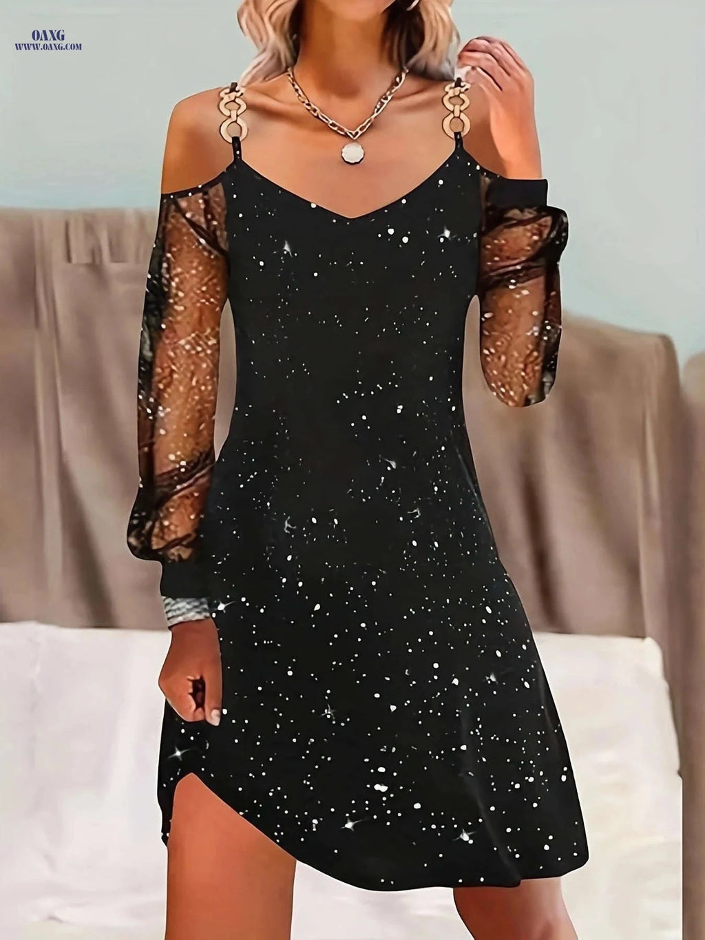 Sheer Shoulder Dress - Starry Night Design for Spring & Summer   OAXG 