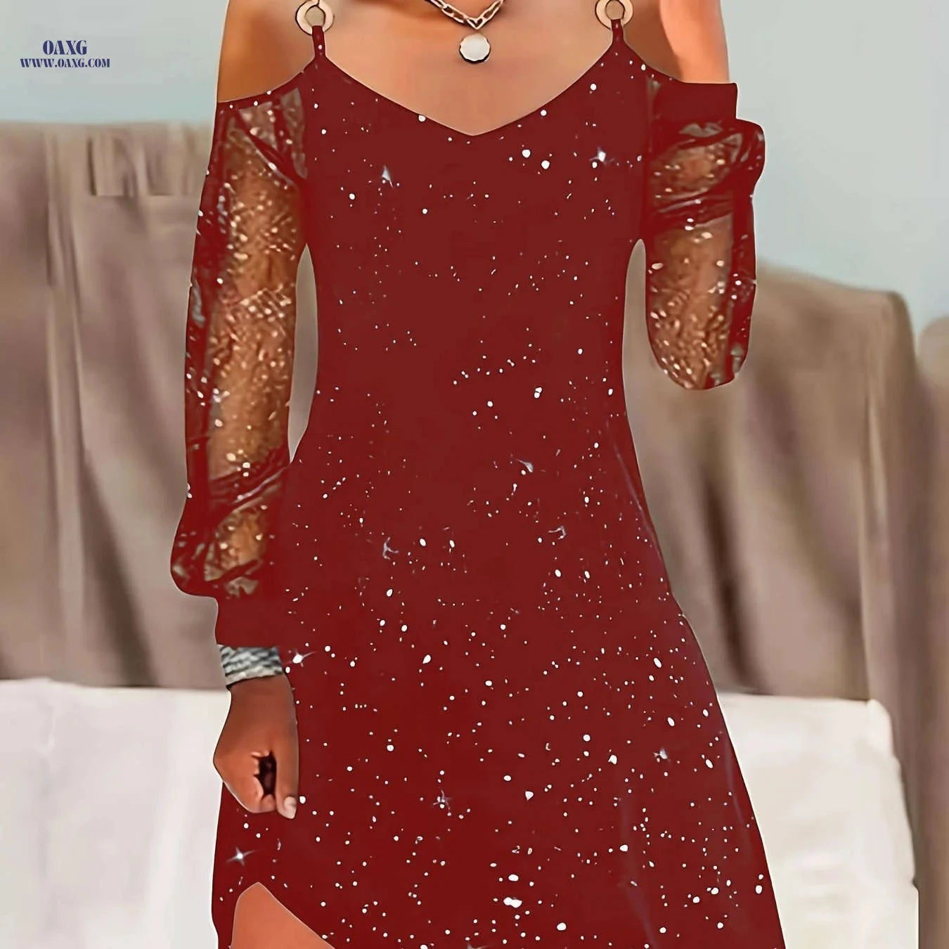 Sheer Shoulder Dress - Starry Night Design for Spring & Summer   OAXG 