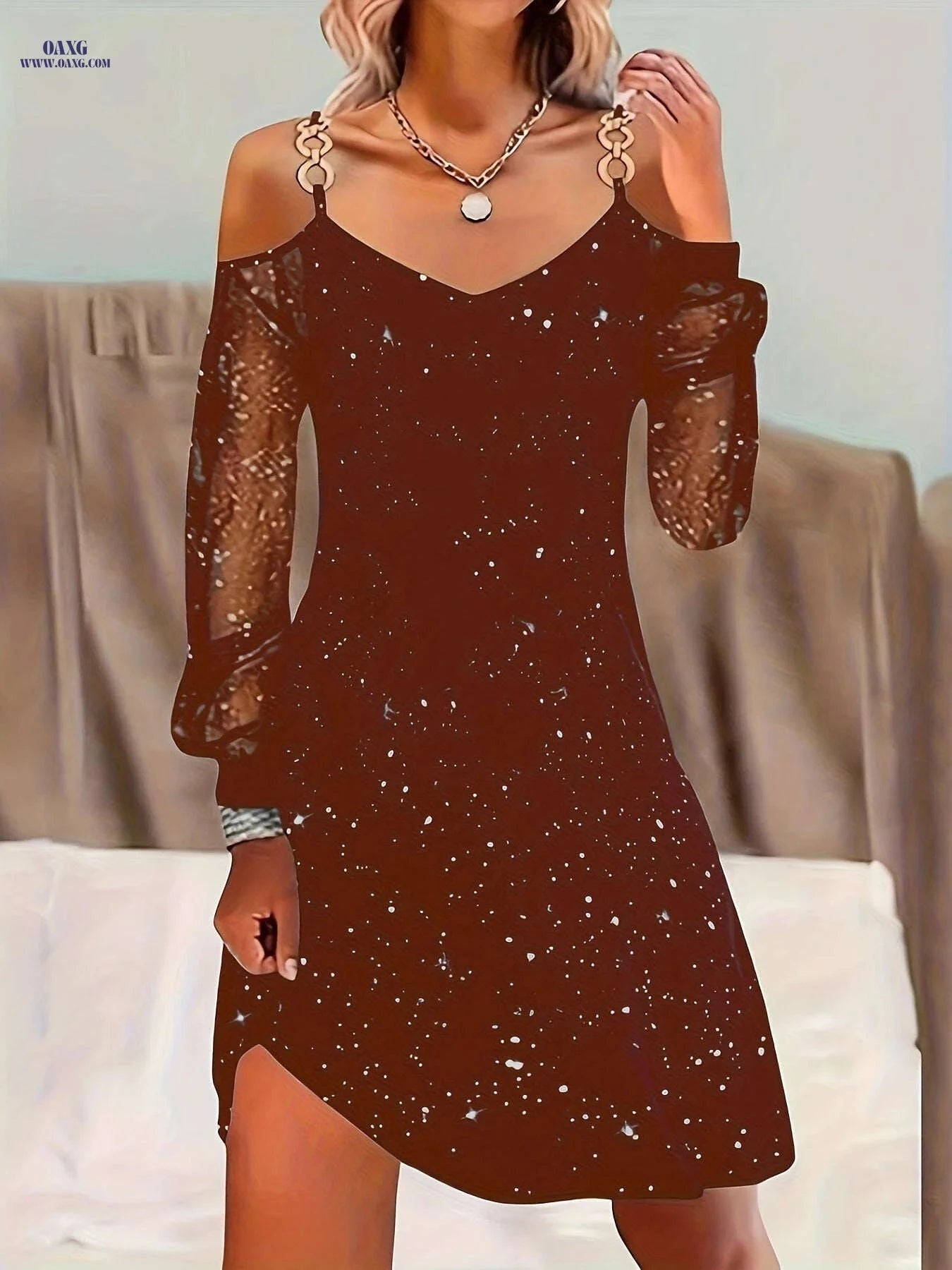 Sheer Shoulder Dress - Starry Night Design for Spring & Summer   OAXG 