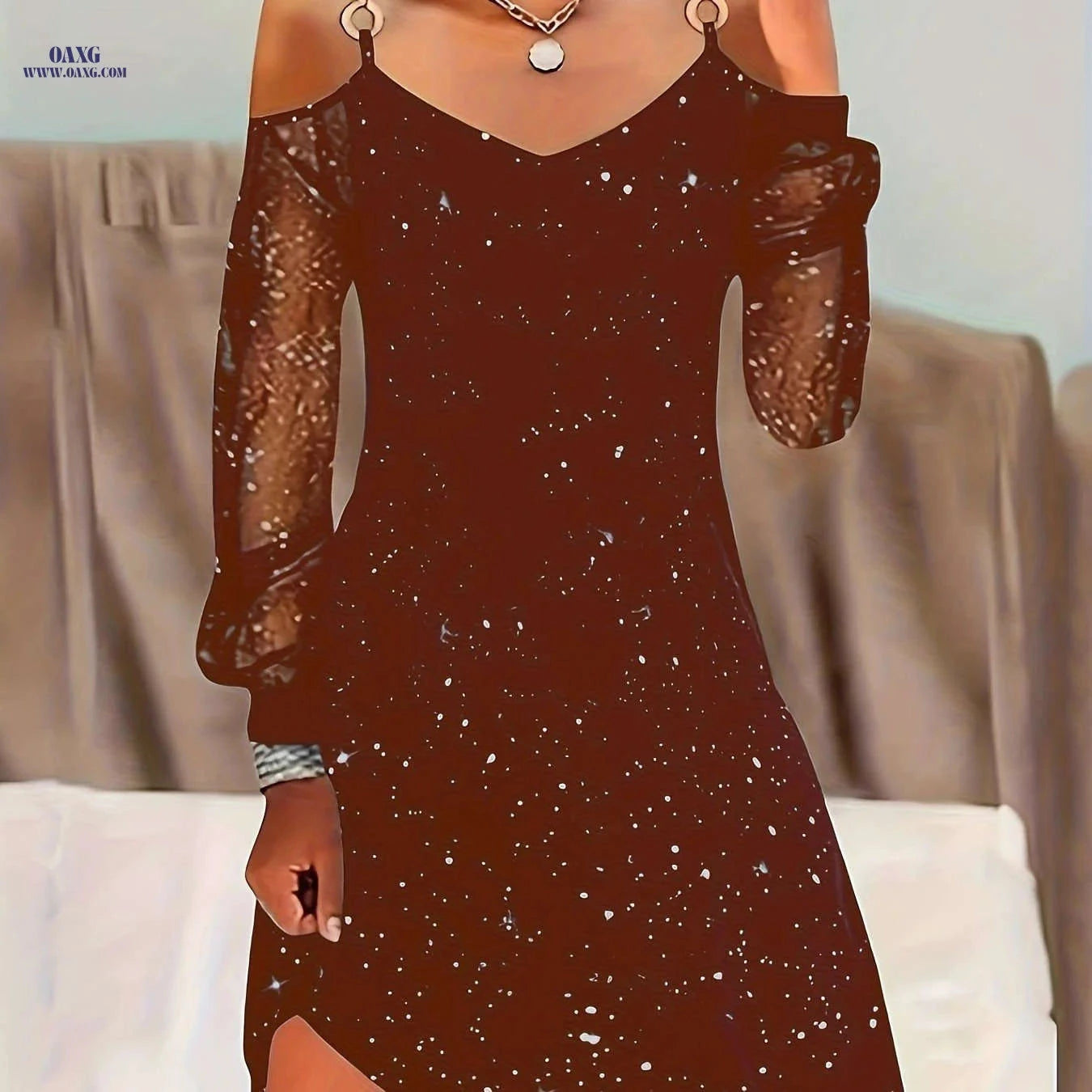 Sheer Shoulder Dress - Starry Night Design for Spring & Summer   OAXG Black / S