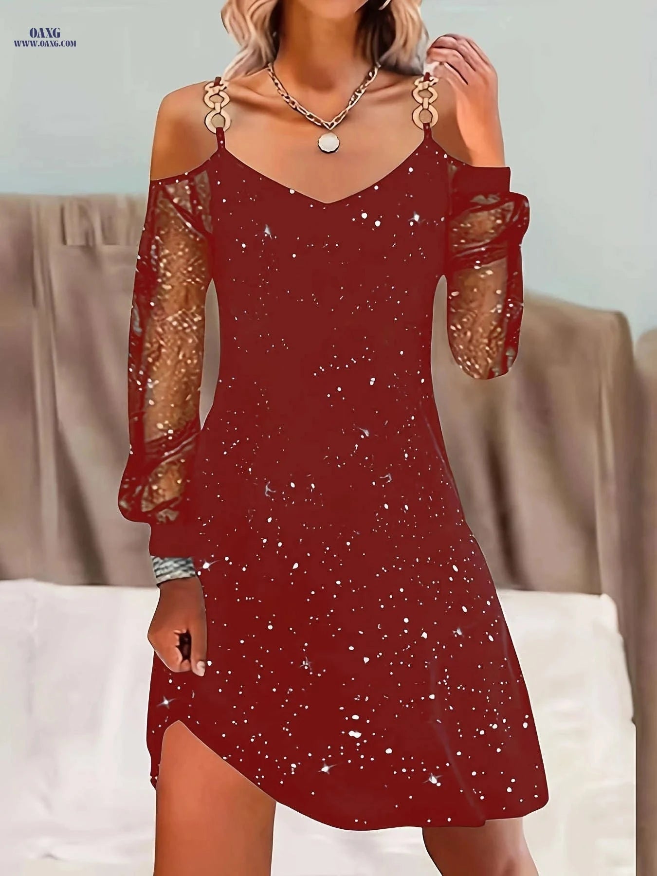 Sheer Shoulder Dress - Starry Night Design for Spring & Summer   OAXG Black / S