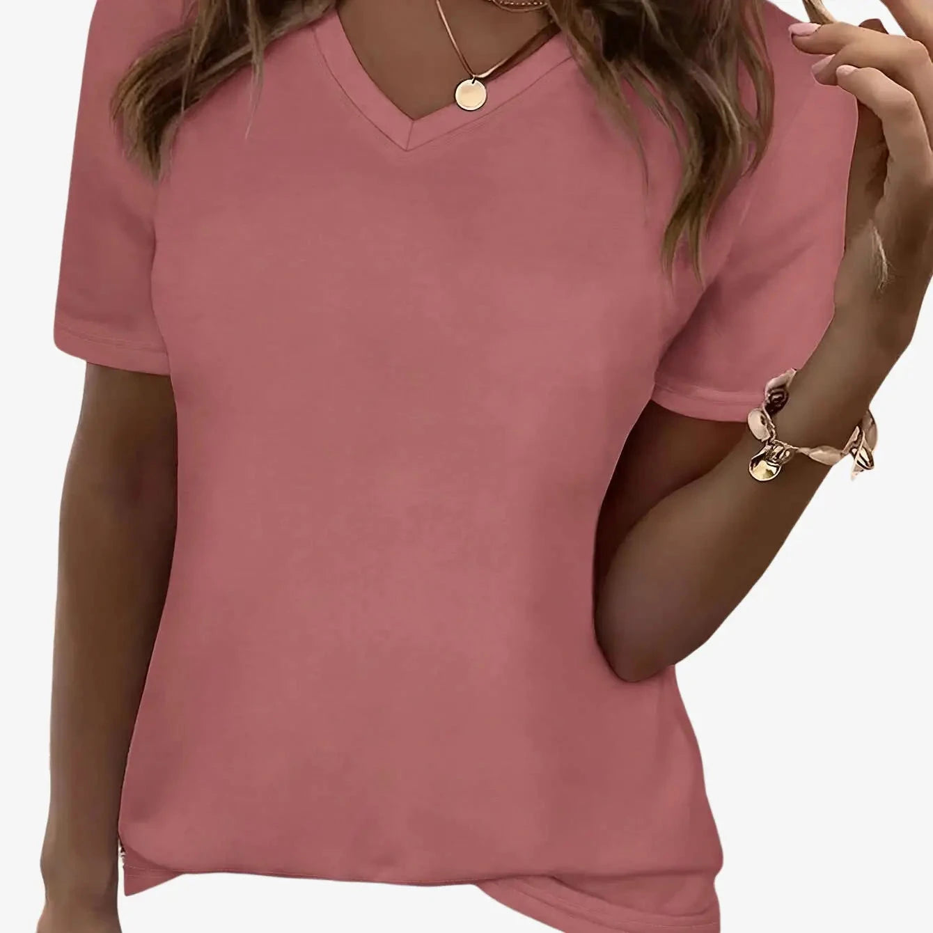 SHIJIYINFAN Solid Color V-neck Casual Top - Short Sleeve, Stretchy Fit   OAXG 