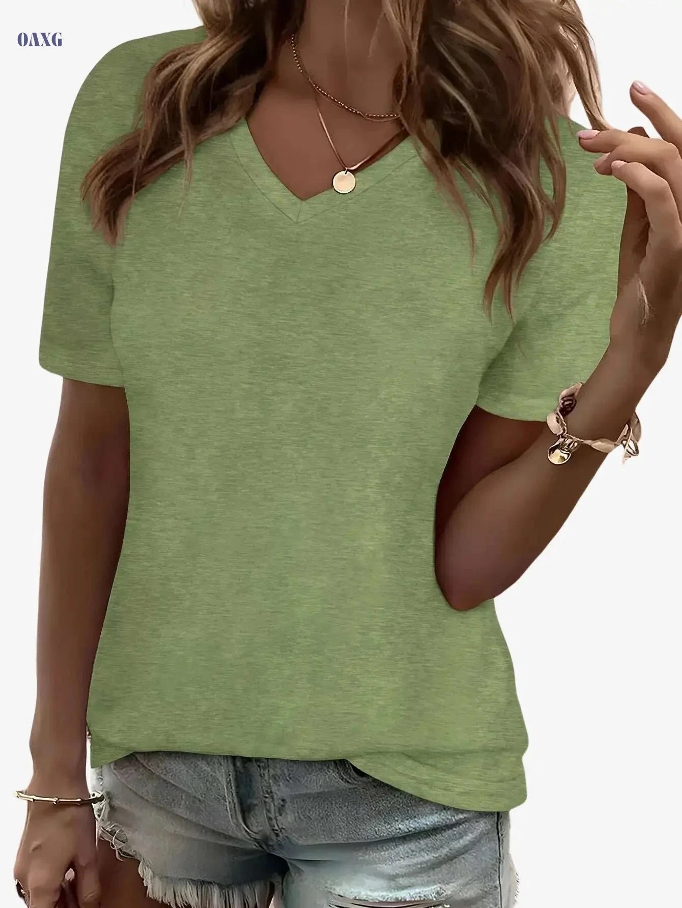 SHIJIYINFAN Solid Color V-neck Casual Top - Short Sleeve, Stretchy Fit   OAXG 