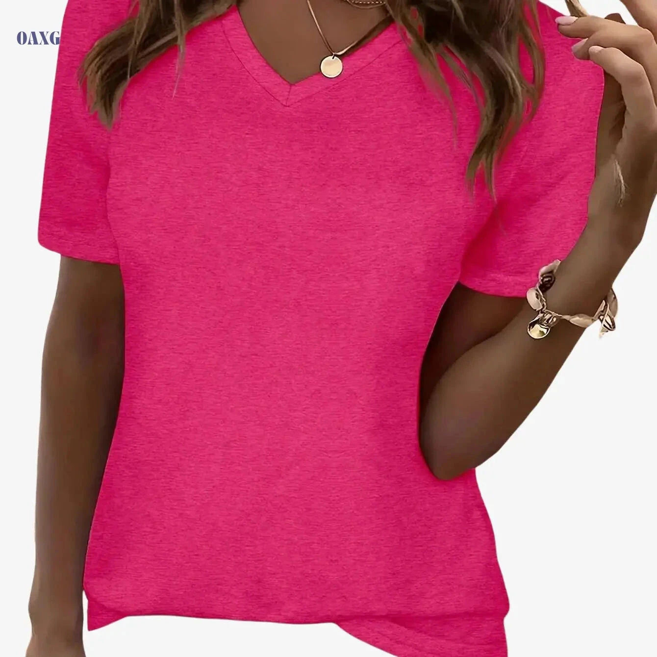 SHIJIYINFAN Solid Color V-neck Casual Top - Short Sleeve, Stretchy Fit   OAXG 