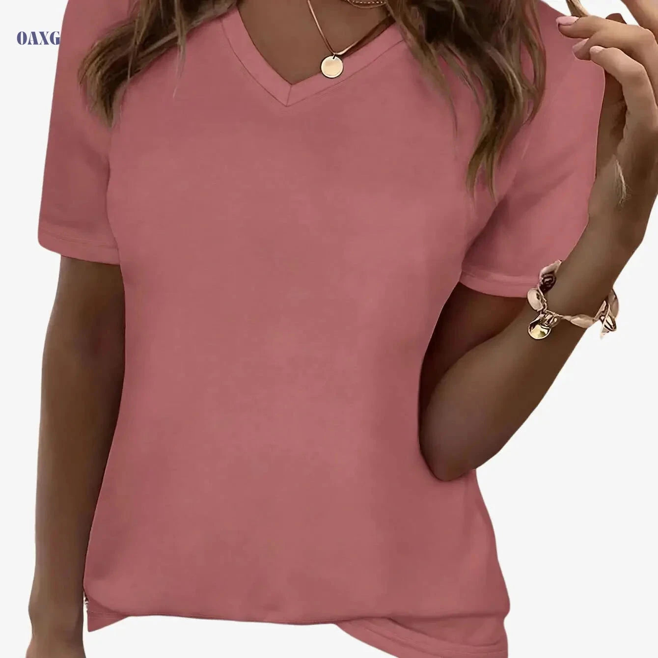 SHIJIYINFAN Solid Color V-neck Casual Top - Short Sleeve, Stretchy Fit   OAXG 