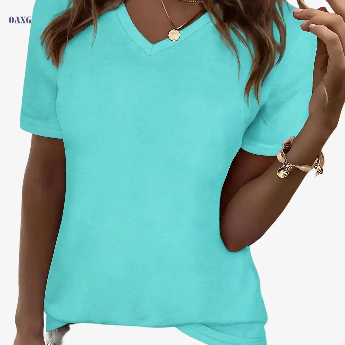SHIJIYINFAN Solid Color V-neck Casual Top - Short Sleeve, Stretchy Fit   OAXG Navy blue color / S