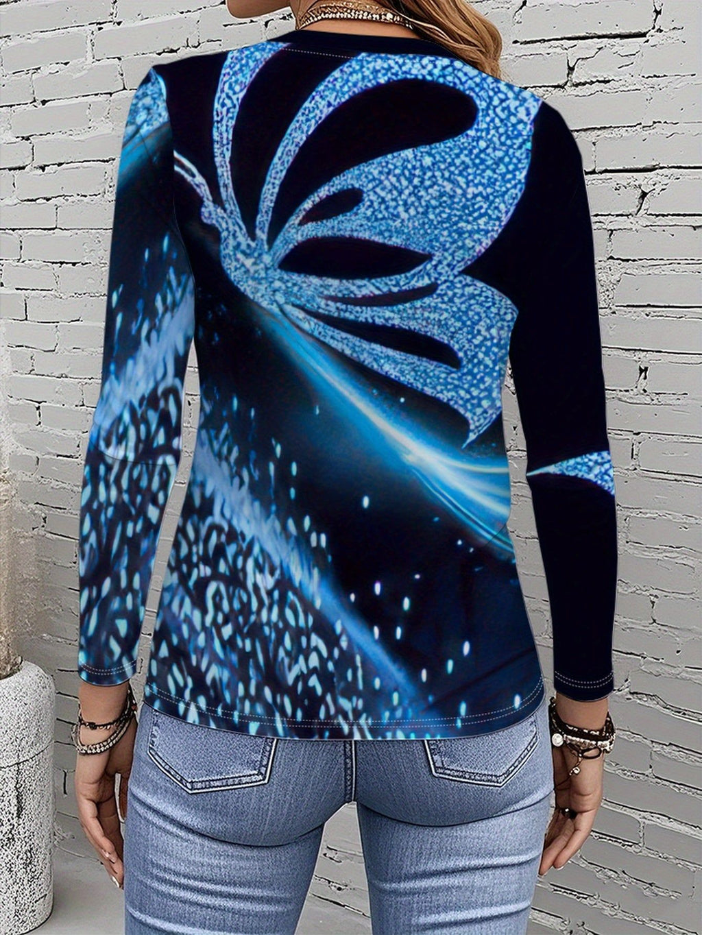 Shiny Sequined Butterfly Colorful Patterned Elegant All-Over Printed Graphic T-Shirt, Long-Sleeve Round Neck Casual Top, Suitable for Spring And Autumn, Women'S Wear - 085   OAXG Mixed colors / S