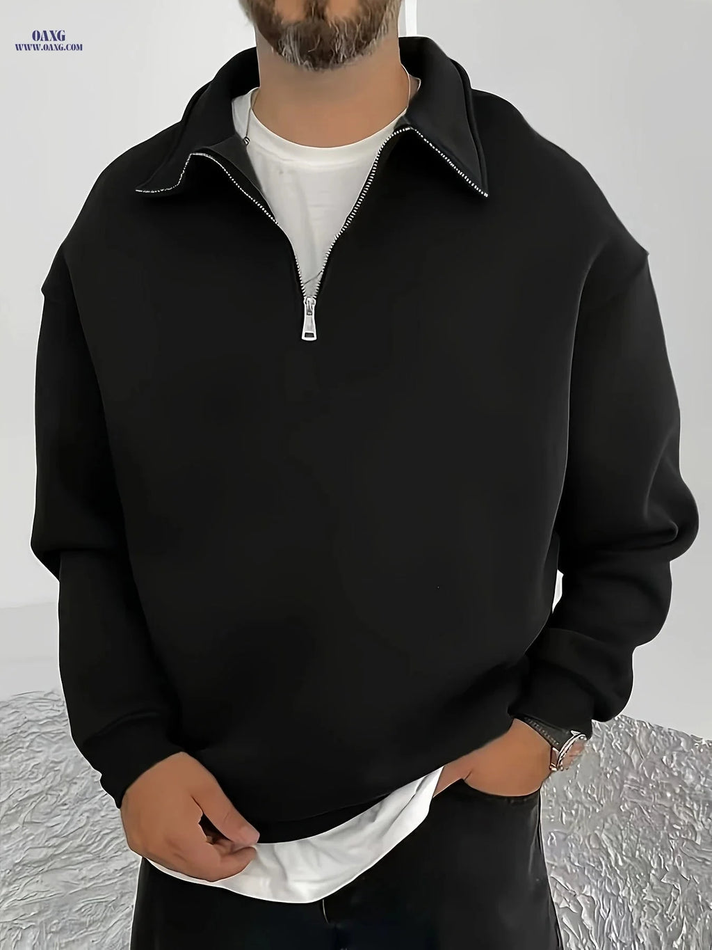 Shu Le Shui Men's Half-Zip Sweatshirt - Fleece-Lined, Autumn Fashion   OAXG Black / FR S