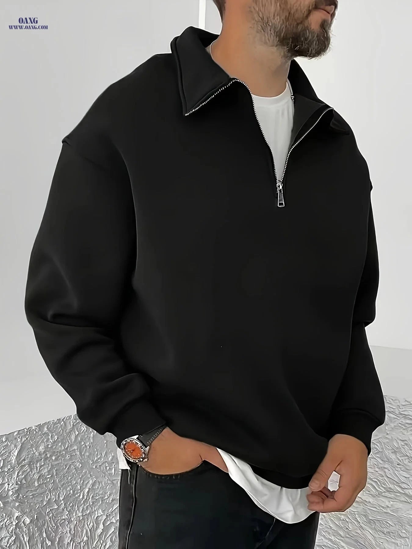 Shu Le Shui Men's Half-Zip Sweatshirt - Fleece-Lined, Autumn Fashion   OAXG Black / FR S