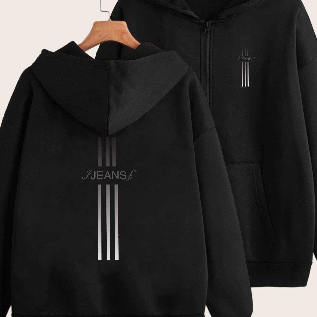 Simple Stripe and "JEANS" Lettering Print Design with Two-pattern Printing on the Front and Back - Y2K Casual Style Zip-up Hoodie - Stylish and Comfortable Zip-up Jacket - Casual Sportswear Suitable for All Seasons | Fashionable Casual Jacket |