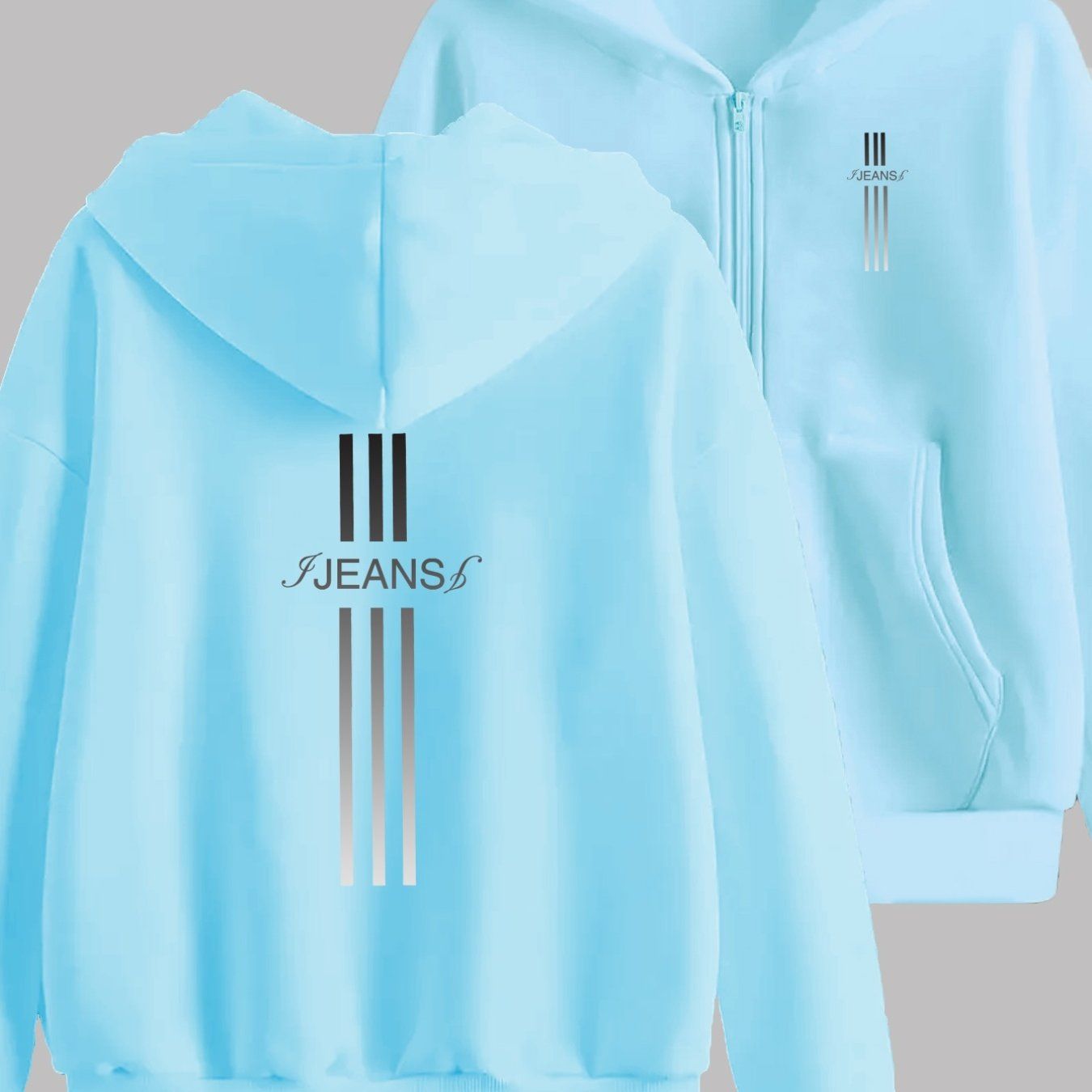 Simple Stripe and "JEANS" Lettering Print Design with Two-pattern Printing on the Front and Back - Y2K Casual Style Zip-up Hoodie - Stylish and Comfortable Zip-up Jacket - Casual Sportswear Suitable for All Seasons | Fashionable Casual Jacket |