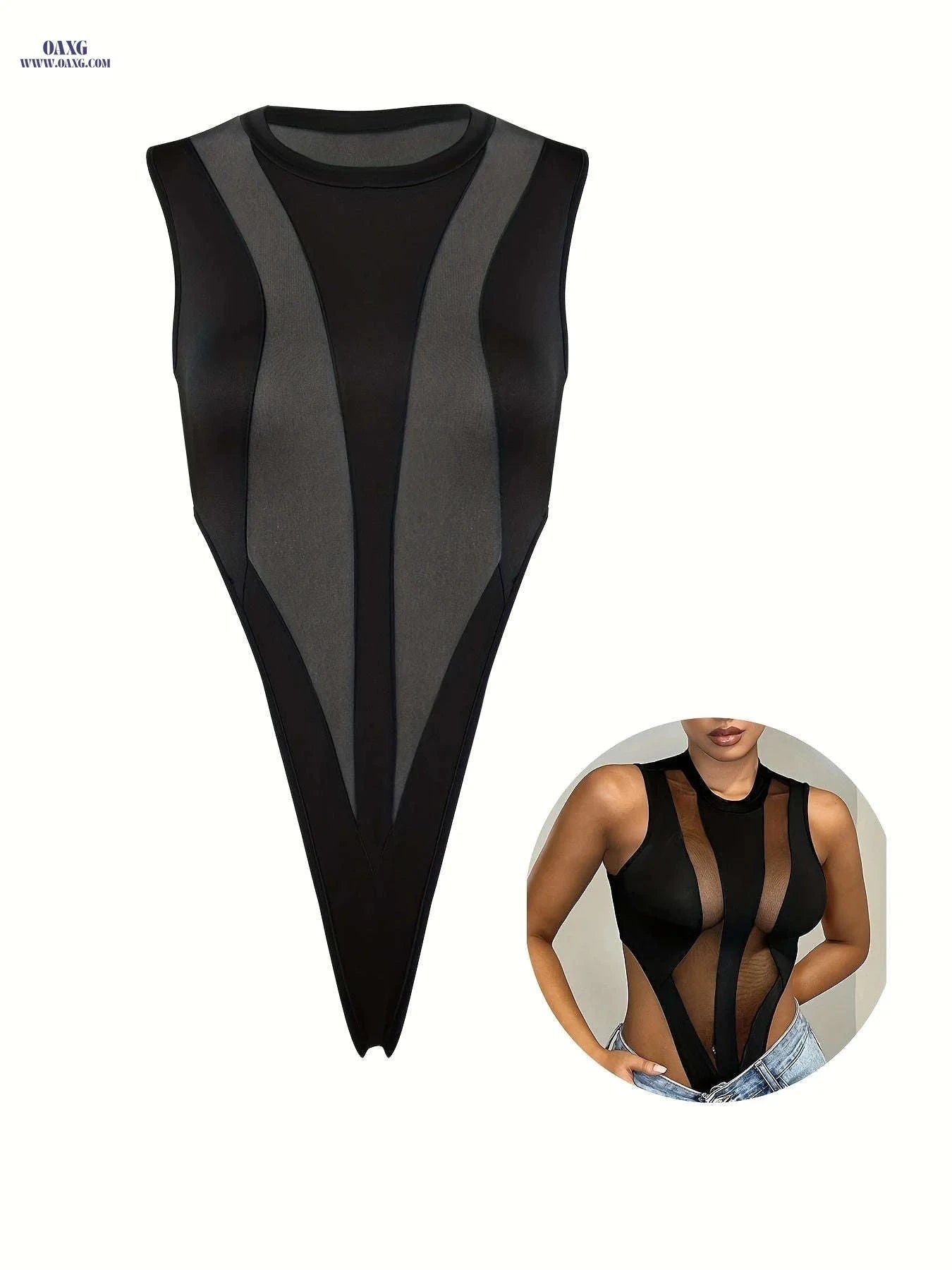 Sleek and Sexy Semi-Sheer Bodysuit - Summer Style, Crew Neck   OAXG 
