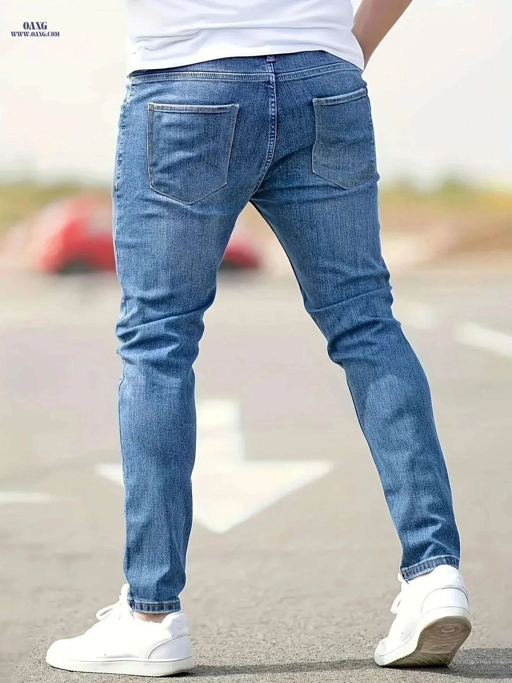Slim-Fit Men's Distressed Denim Jeans - Medium-Stretch, High-Waisted   OAXG Blue / 28