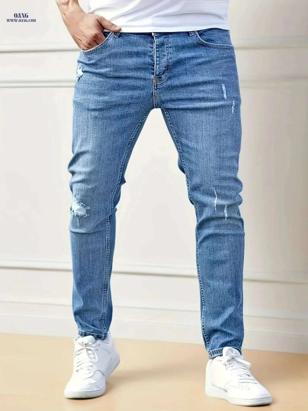 Slim-Fit Men's Distressed Denim Jeans - Medium-Stretch, High-Waisted   OAXG Blue / 28