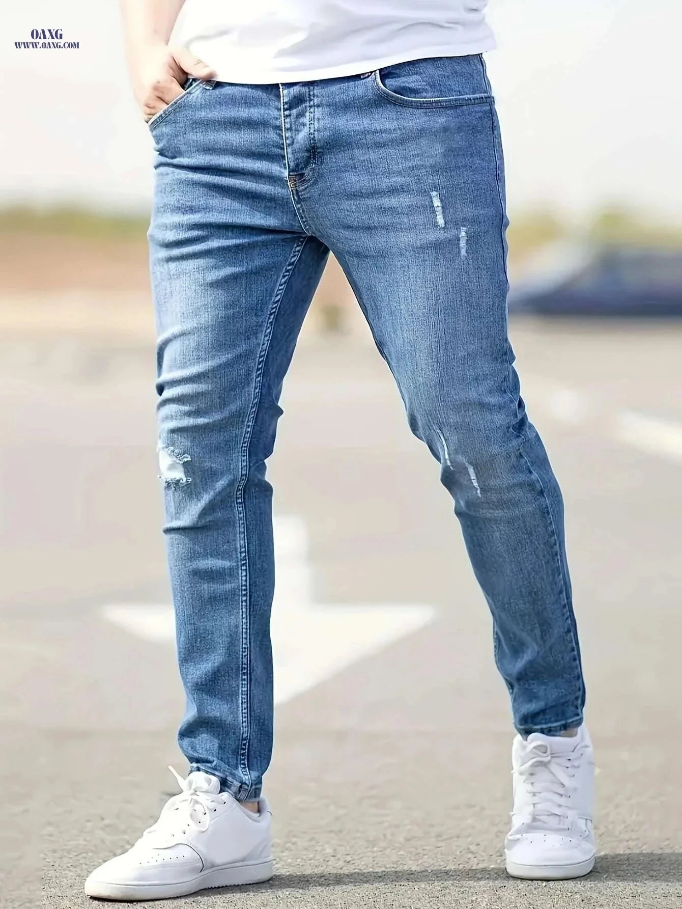 Slim-Fit Men's Distressed Denim Jeans - Medium-Stretch, High-Waisted   OAXG Blue / 28