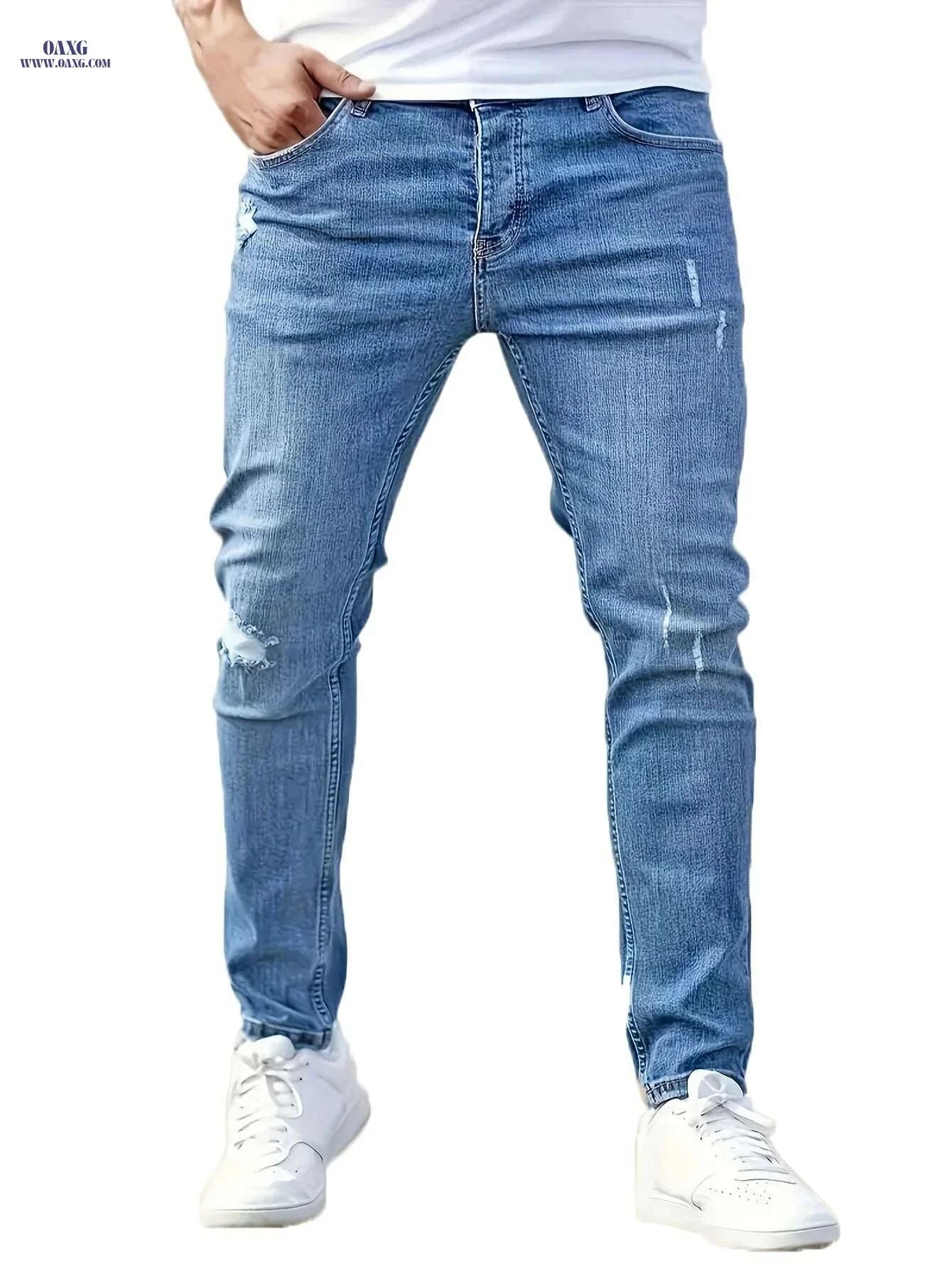 Slim-Fit Men's Distressed Denim Jeans - Medium-Stretch, High-Waisted   OAXG Blue / 28