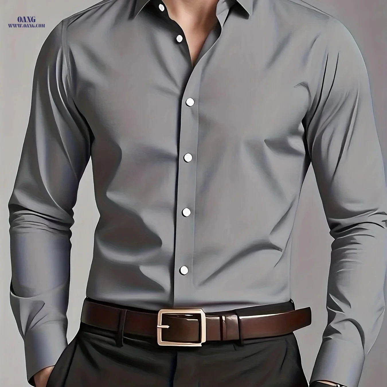 Slim Fit Men's Long-Sleeved Shirt - Casual Business Style, White   OAXG Light Grey / FR S