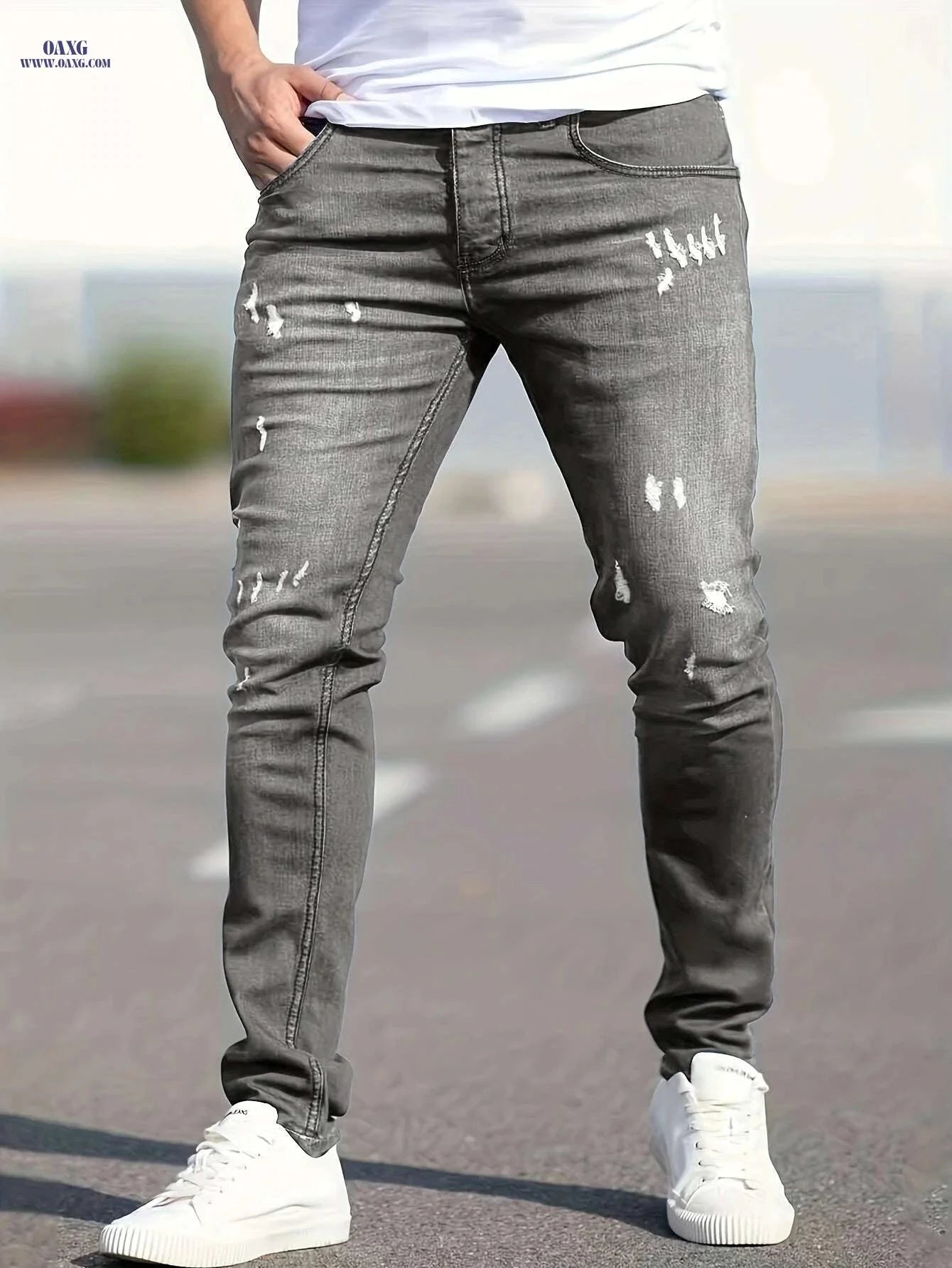Slim Fit Ripped Faux Denim Pants - Casual Stretch for Men   OAXG 