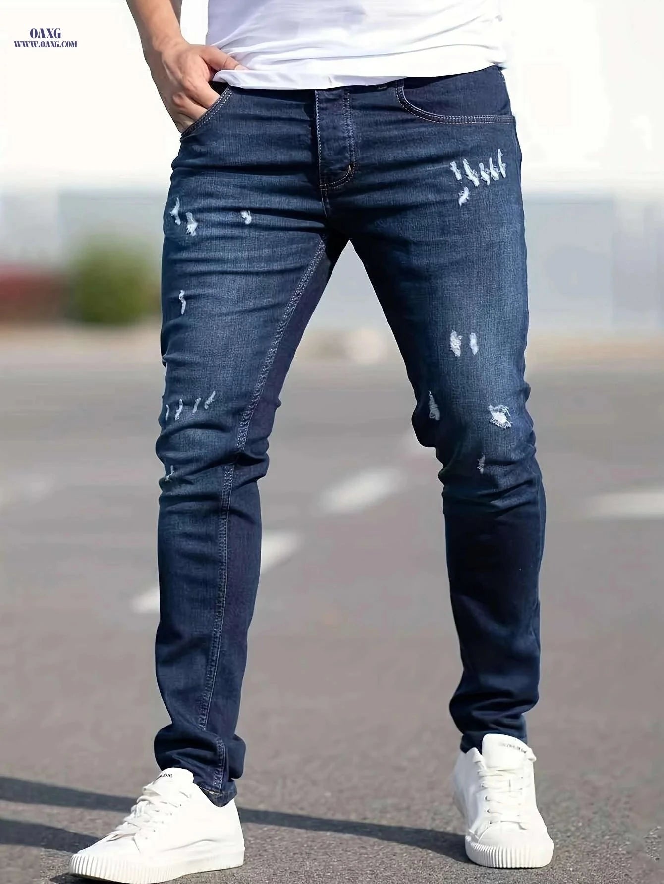 Slim Fit Ripped Faux Denim Pants - Casual Stretch for Men   OAXG Deep Sky Blue / XS