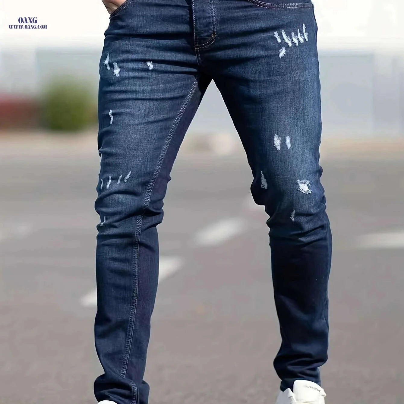 Slim Fit Ripped Faux Denim Pants - Casual Stretch for Men   OAXG Deep Sky Blue / XS