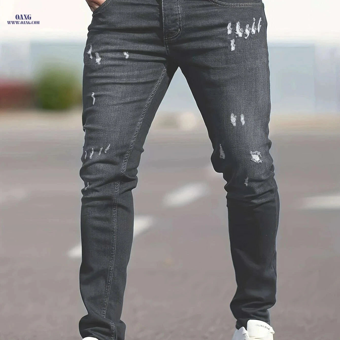Slim Fit Ripped Faux Denim Pants - Casual Stretch for Men   OAXG Deep Sky Blue / XS