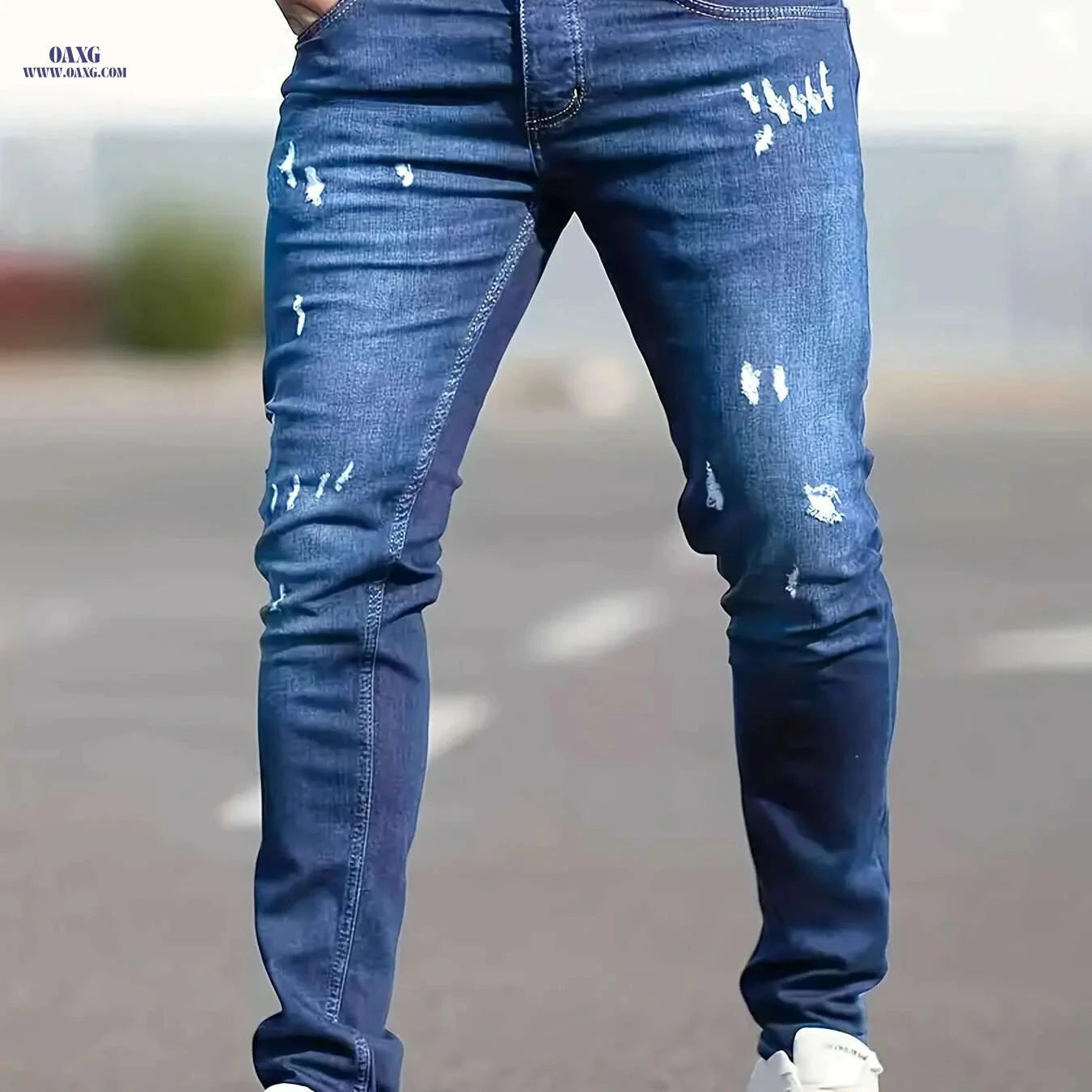Slim Fit Ripped Faux Denim Pants - Casual Stretch for Men   OAXG Deep Sky Blue / XS