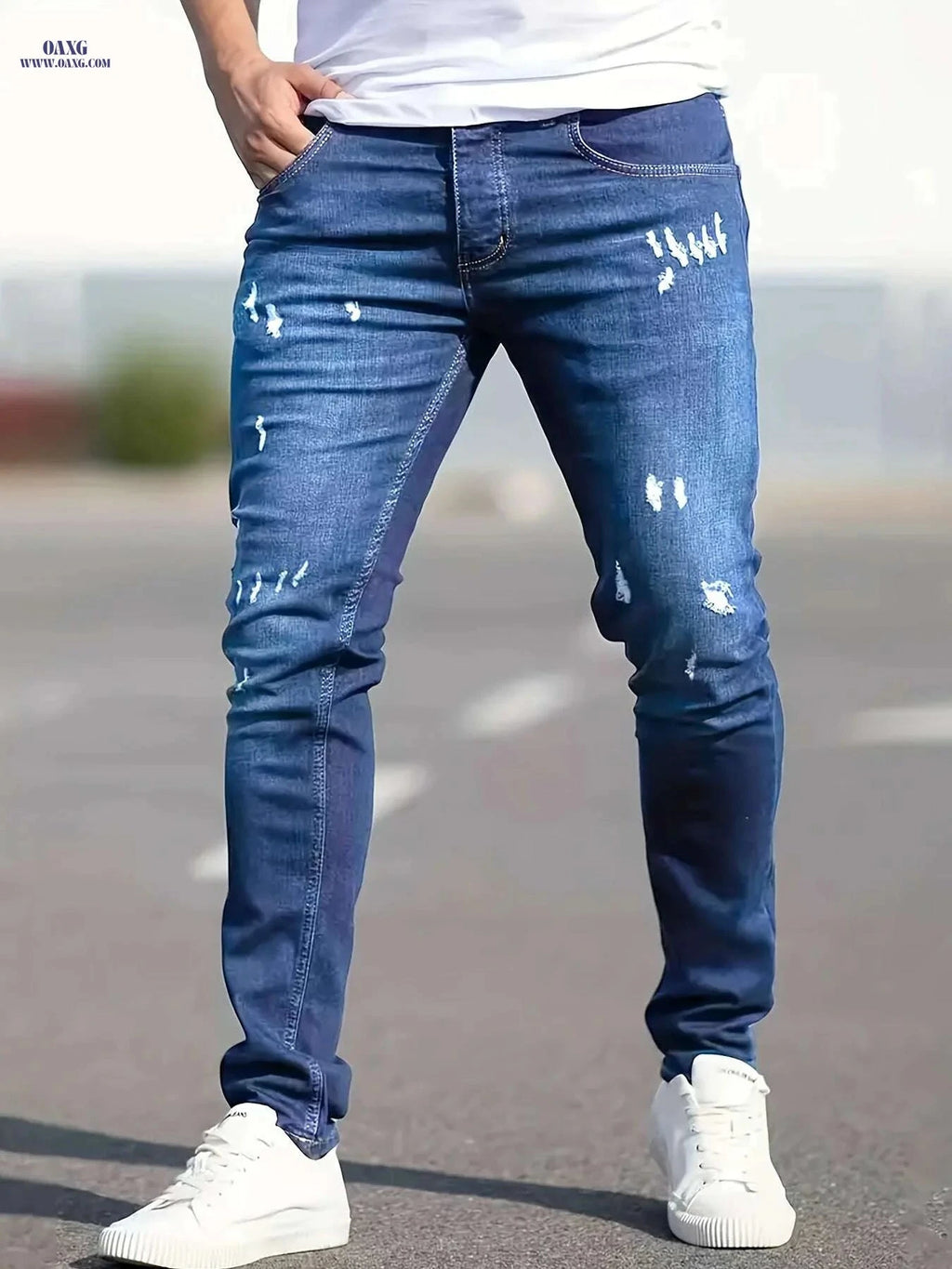 Slim Fit Ripped Faux Denim Pants - Casual Stretch for Men   OAXG Deep Sky Blue / XS