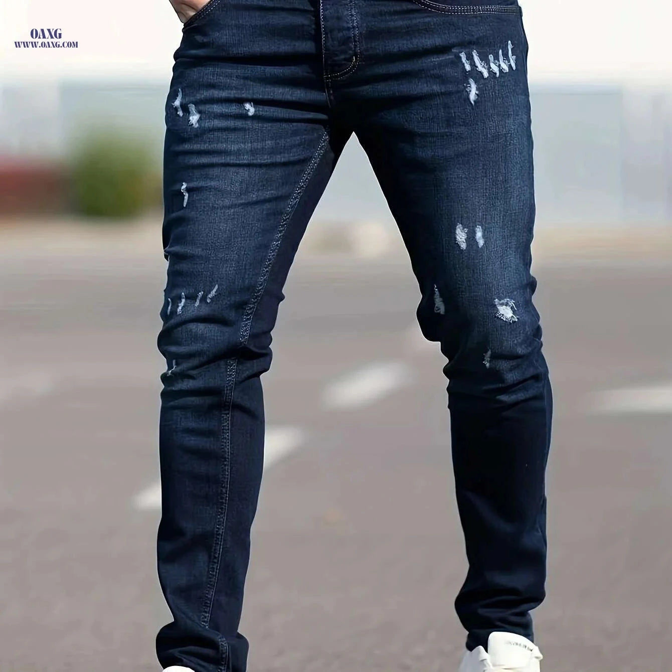 Slim Fit Ripped Faux Denim Pants - Casual Stretch for Men   OAXG 