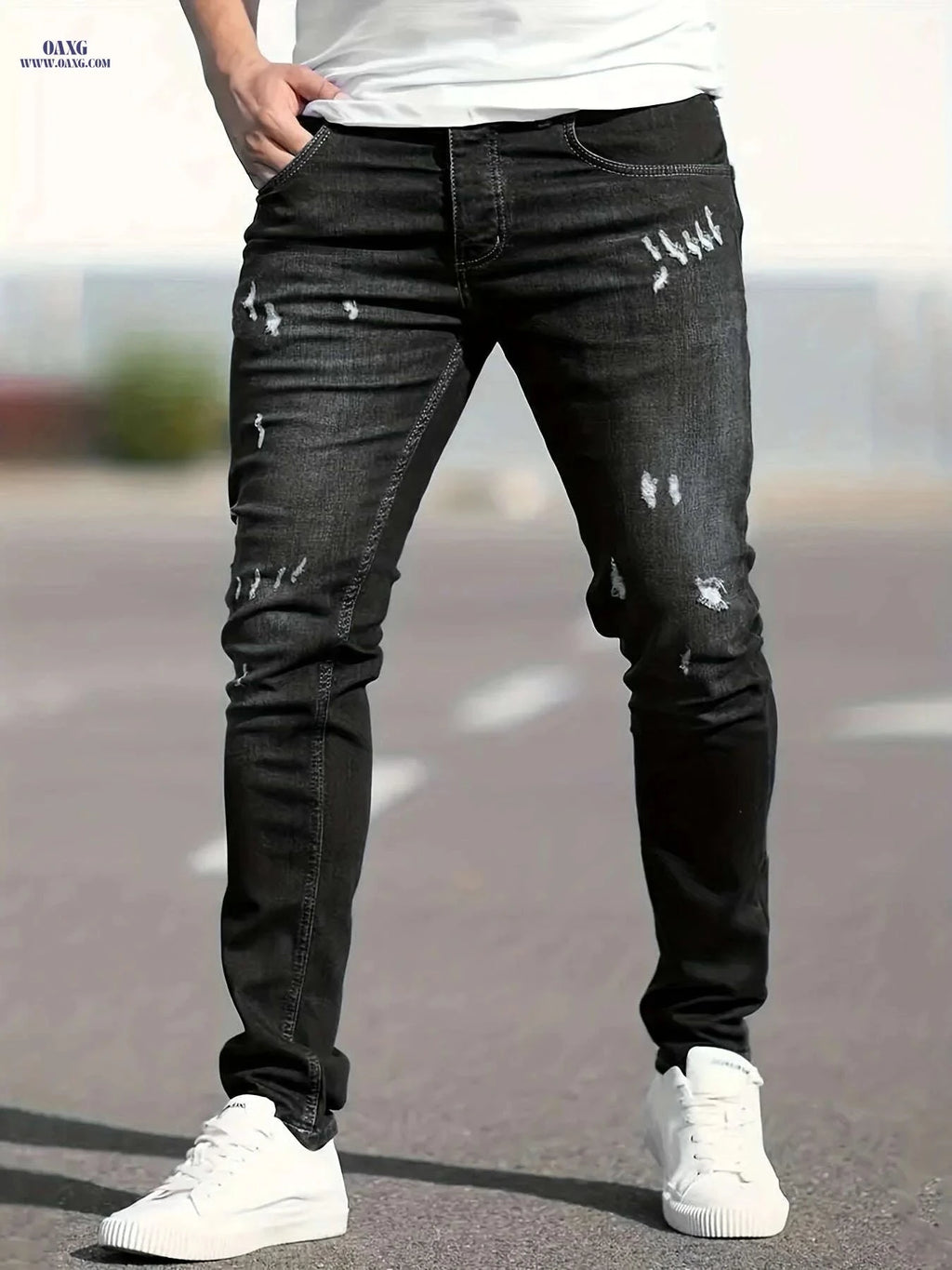 Slim Fit Ripped Faux Denim Pants - Casual Stretch for Men   OAXG 