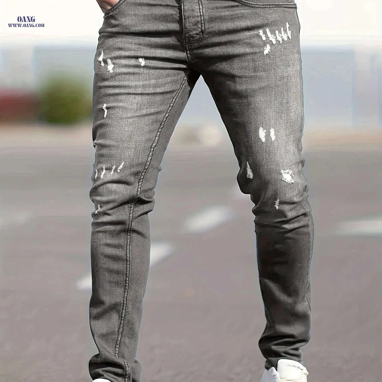 Slim Fit Ripped Faux Denim Pants - Casual Stretch for Men   OAXG 