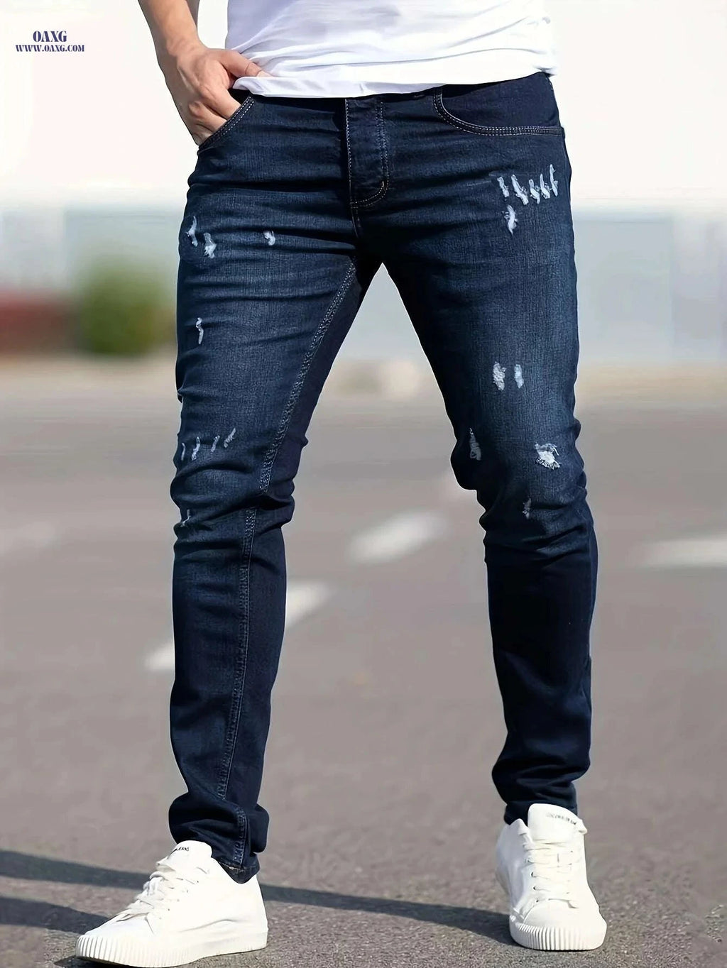 Slim Fit Ripped Faux Denim Pants - Casual Stretch for Men   OAXG 
