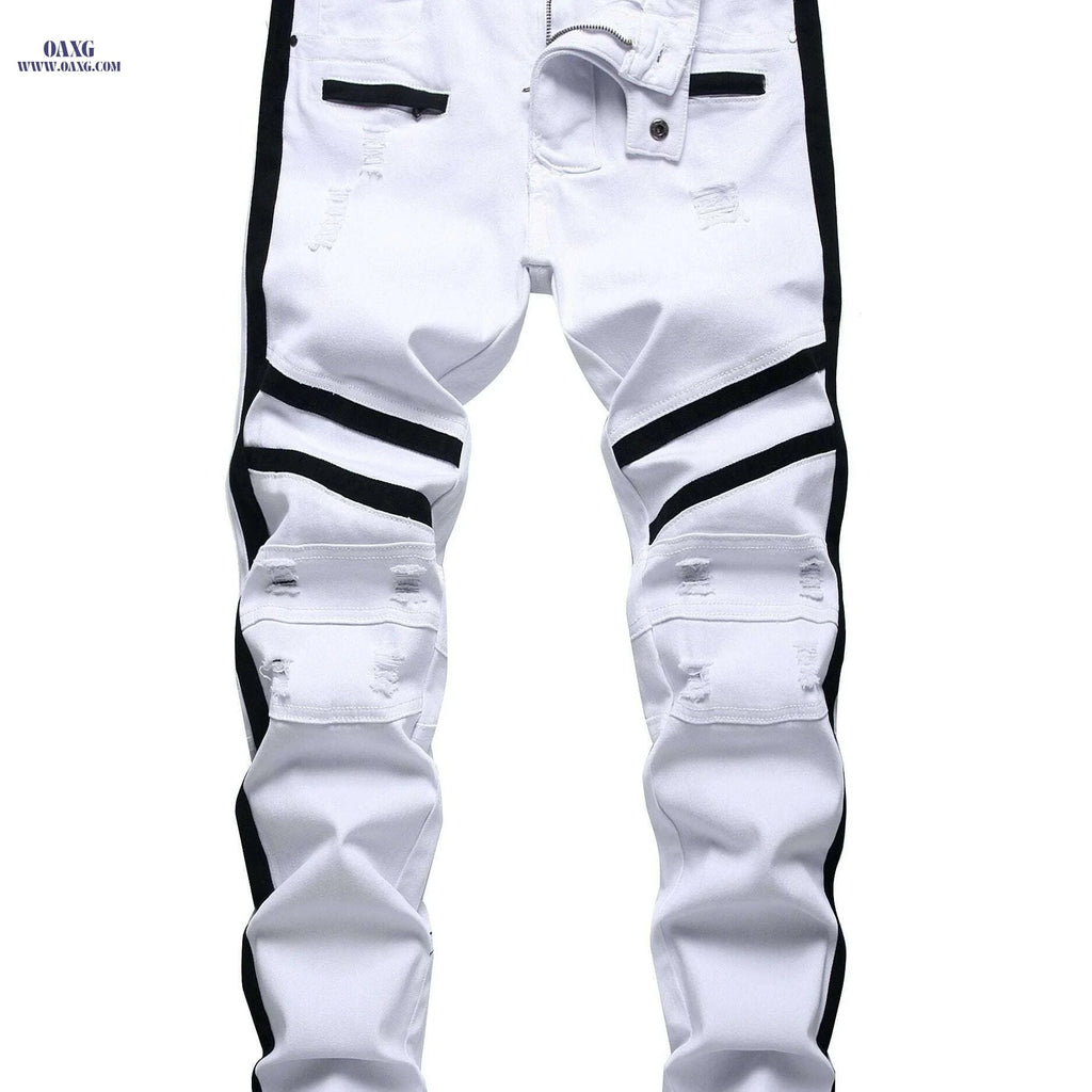Slim Fit Ripped Jeans for Men - Distressed Straight Leg Denim Pants   OAXG White / 28