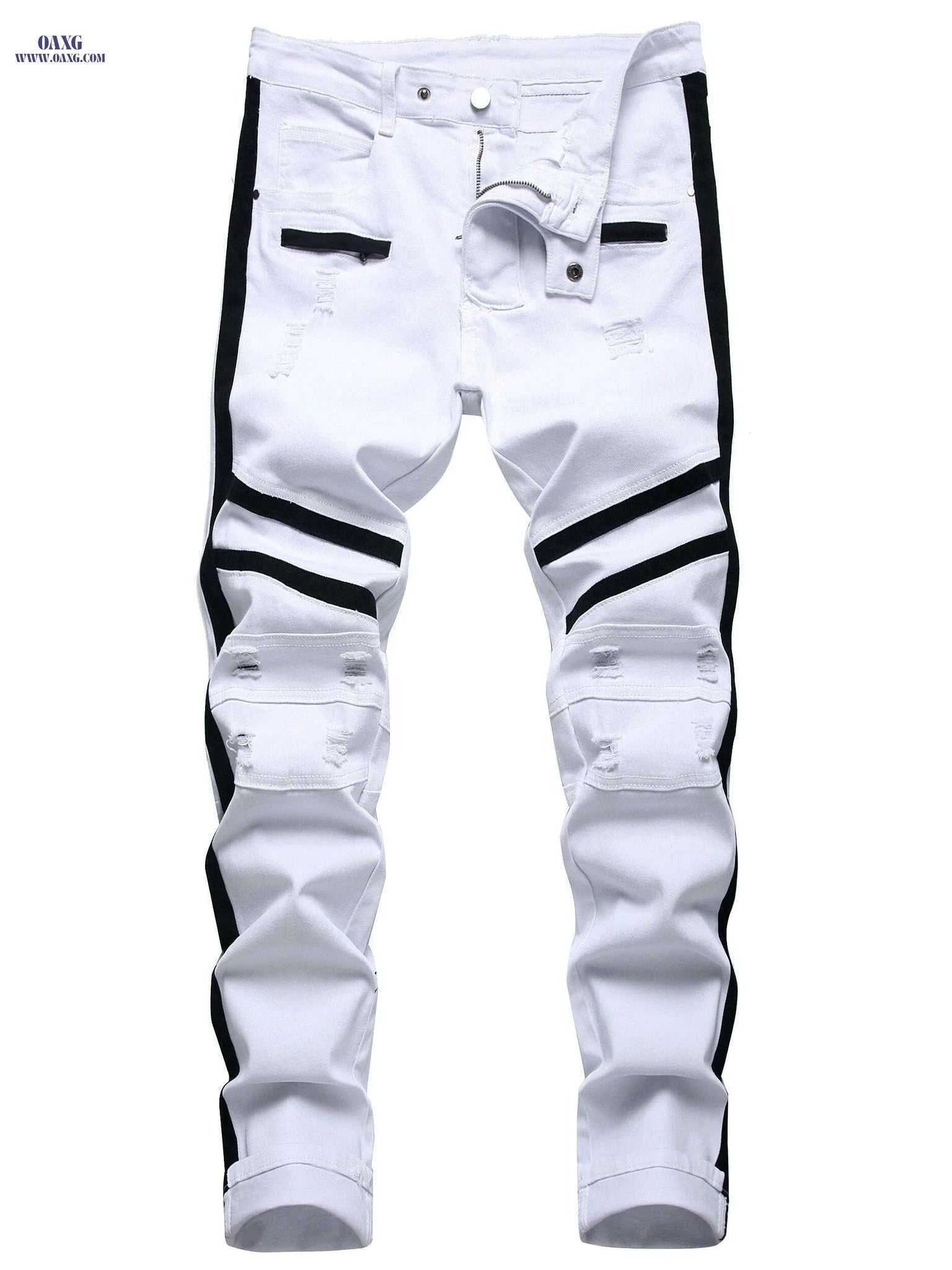 Slim Fit Ripped Jeans for Men - Distressed Straight Leg Denim Pants   OAXG White / 28