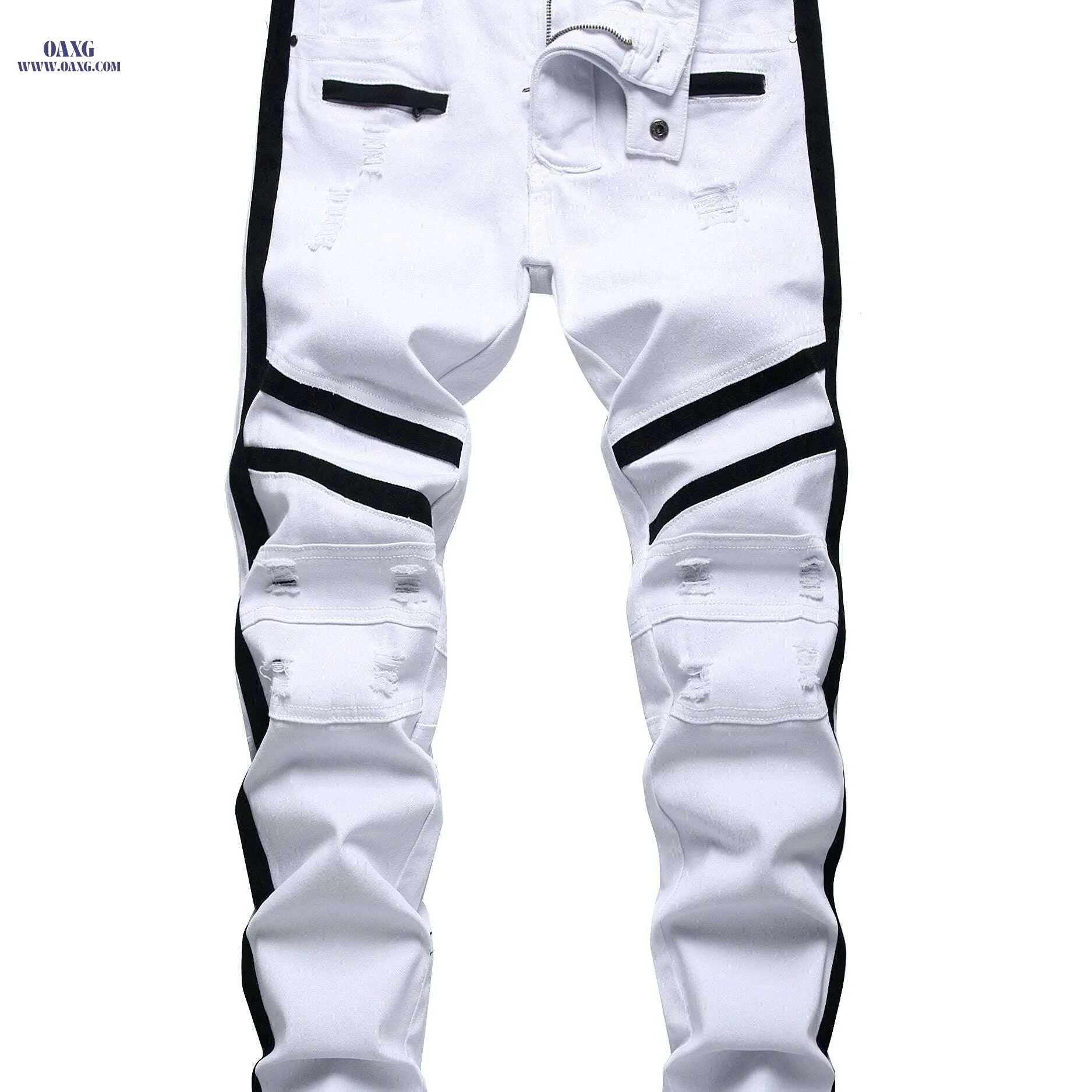 Slim Fit Ripped Jeans for Men - Distressed Straight Leg Denim Pants   OAXG White / 28