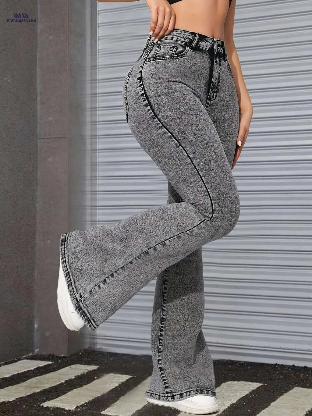 Snowflake Pattern Women's Flare Jeans - Mid-Rise Casual Denim   OAXG Grey / XS