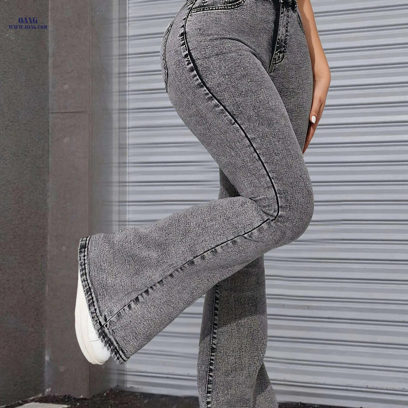Snowflake Pattern Women's Flare Jeans - Mid-Rise Casual Denim   OAXG Grey / XS