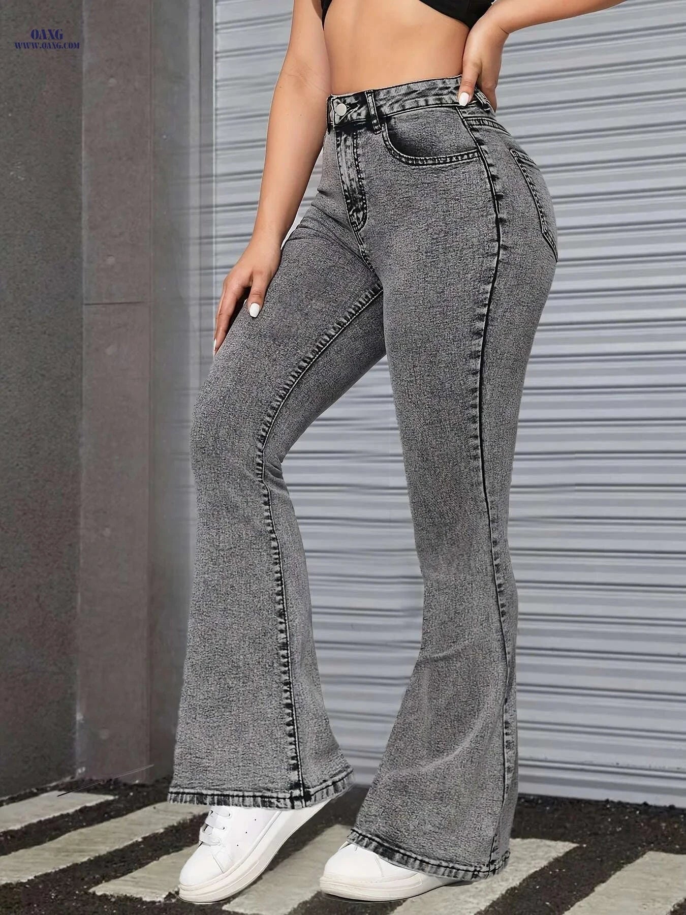 Snowflake Pattern Women's Flare Jeans - Mid-Rise Casual Denim   OAXG Grey / XS