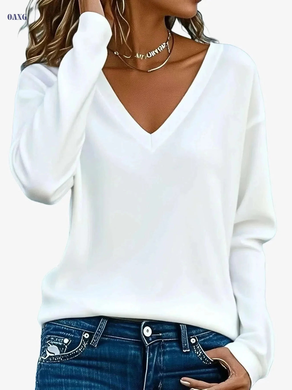 Soft Women's V-Neck Long Sleeve Tee - Comfortable Casual Top   OAXG 