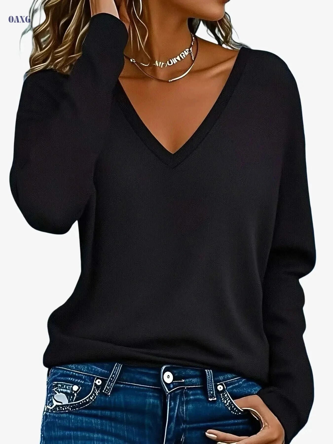 Soft Women's V-Neck Long Sleeve Tee - Comfortable Casual Top   OAXG 