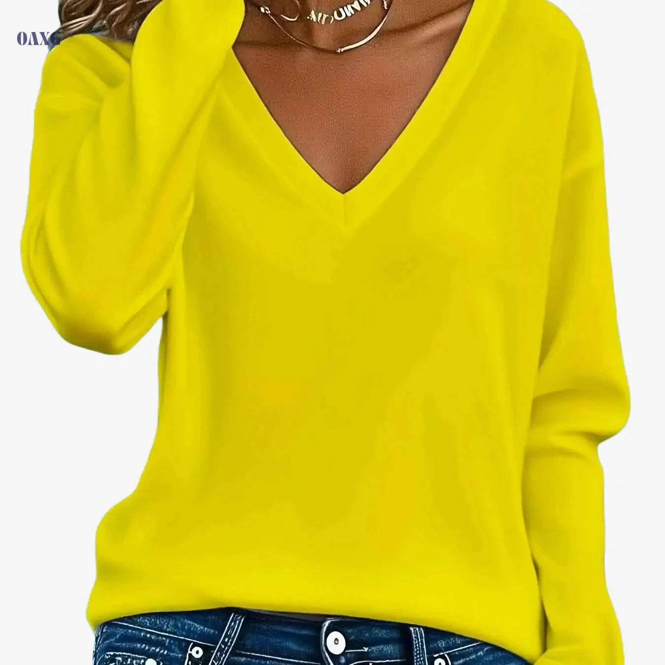 Soft Women's V-Neck Long Sleeve Tee - Comfortable Casual Top   OAXG Yellow / S