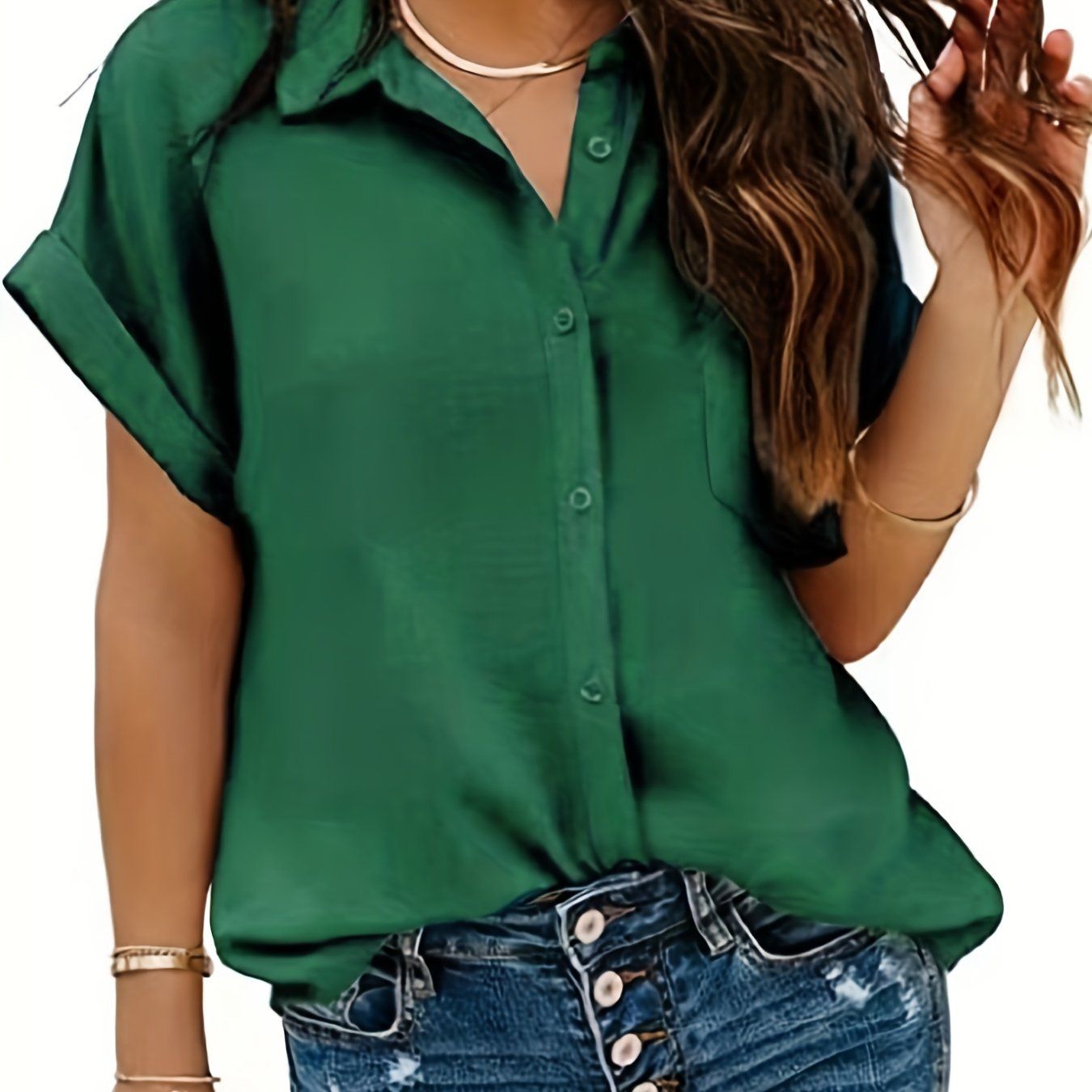 Solid Button Front Shirt, Casual Turn Down Collar Short Sleeve Shirts, Women's Clothing   OAXG Black / S