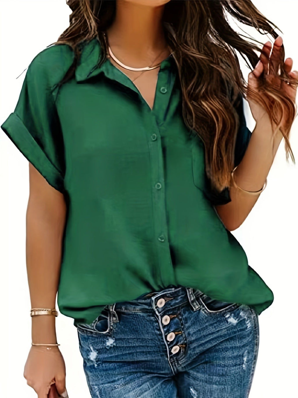Solid Button Front Shirt, Casual Turn Down Collar Short Sleeve Shirts, Women's Clothing   OAXG Black / S