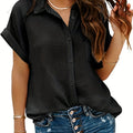 Solid Button Front Shirt, Casual Turn Down Collar Short Sleeve Shirts, Women's Clothing   OAXG Black / S
