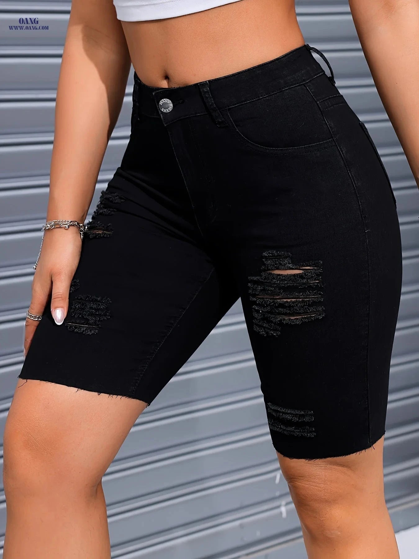Solid Color Elastic Denim Cycling Pants - Ripped Design for Comfort   OAXG 