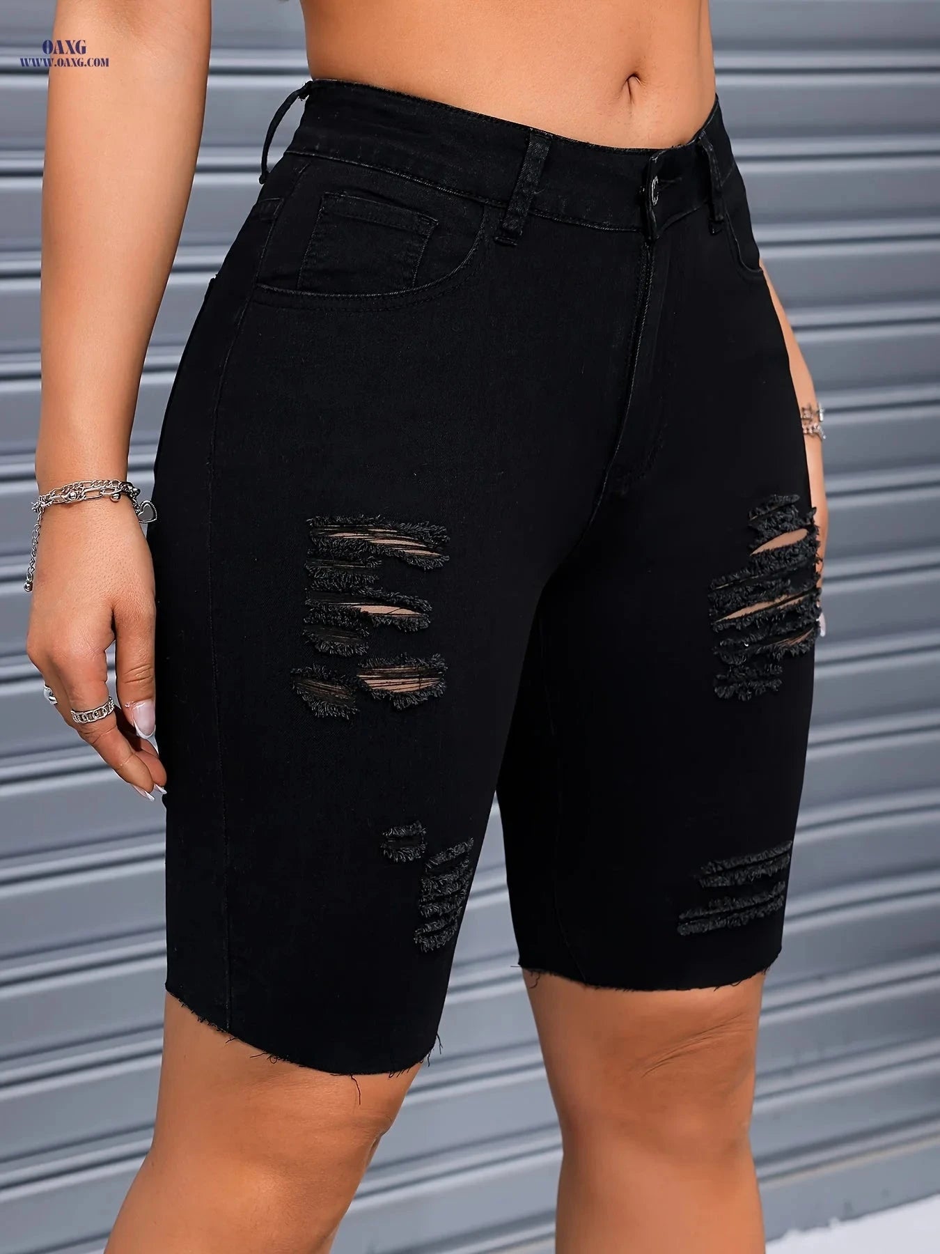 Solid Color Elastic Denim Cycling Pants - Ripped Design for Comfort   OAXG 