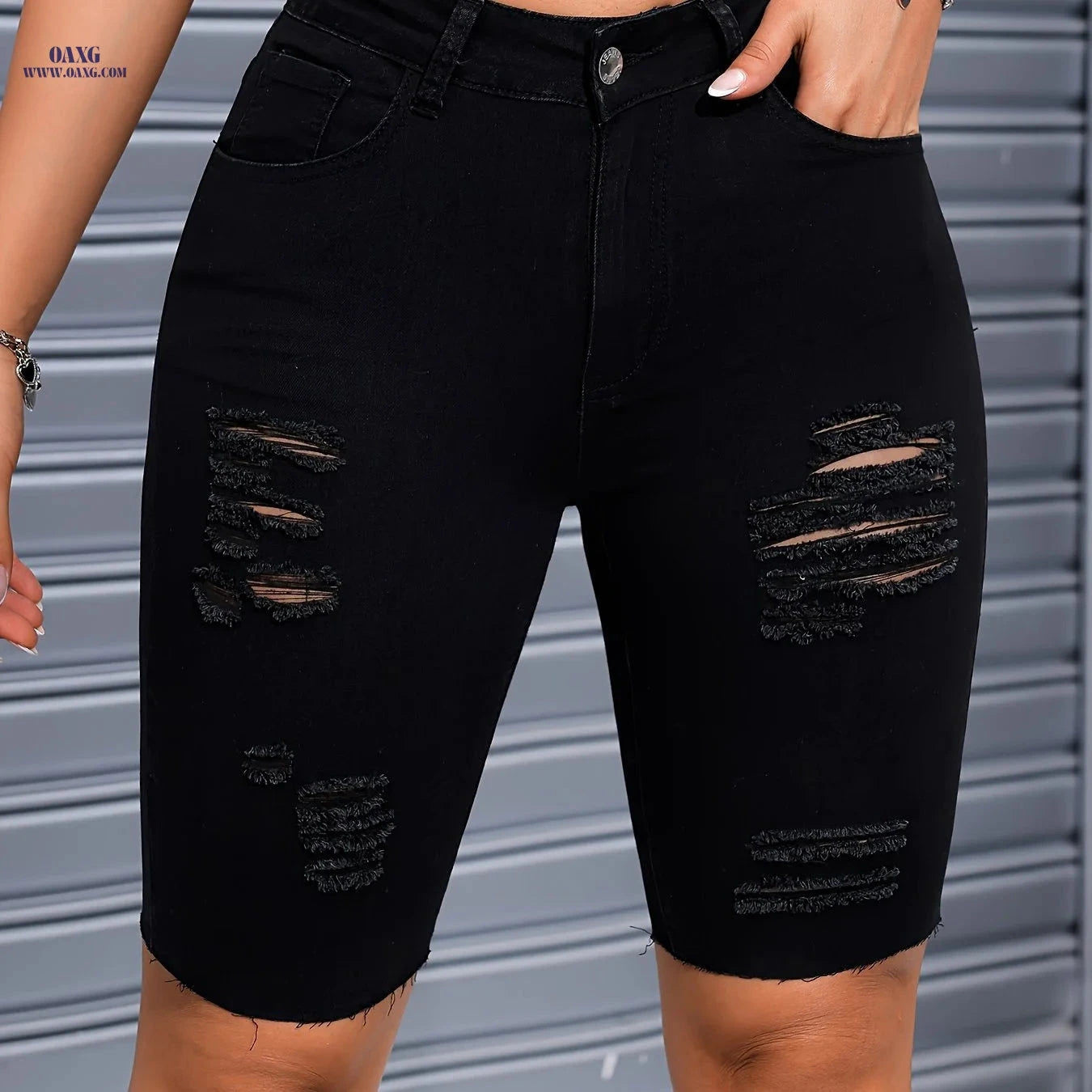Solid Color Elastic Denim Cycling Pants - Ripped Design for Comfort   OAXG 
