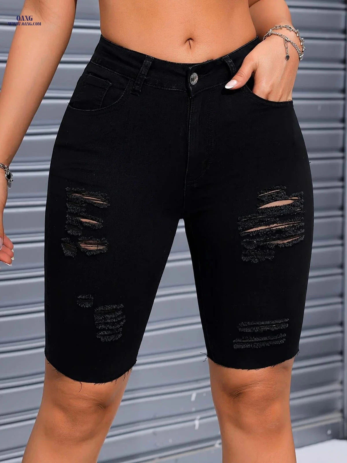 Solid Color Elastic Denim Cycling Pants - Ripped Design for Comfort   OAXG 
