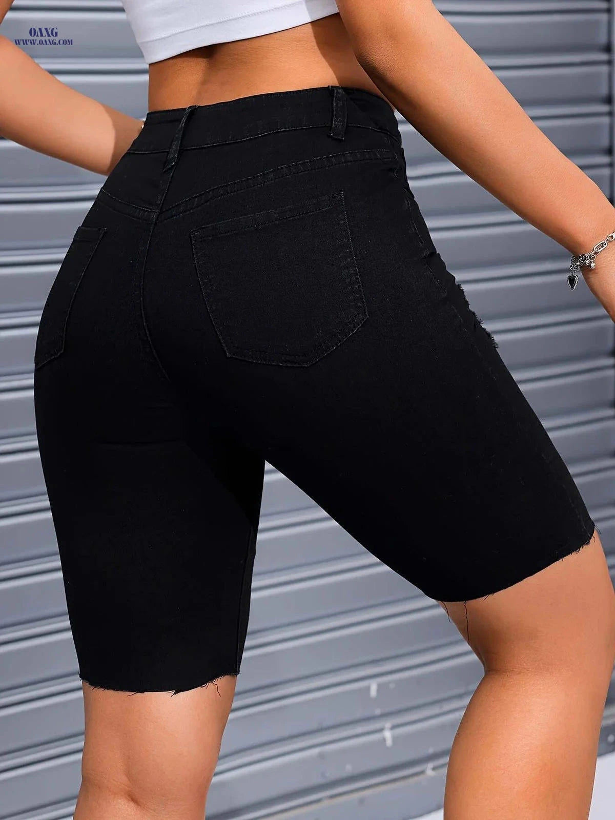 Solid Color Elastic Denim Cycling Pants - Ripped Design for Comfort   OAXG 