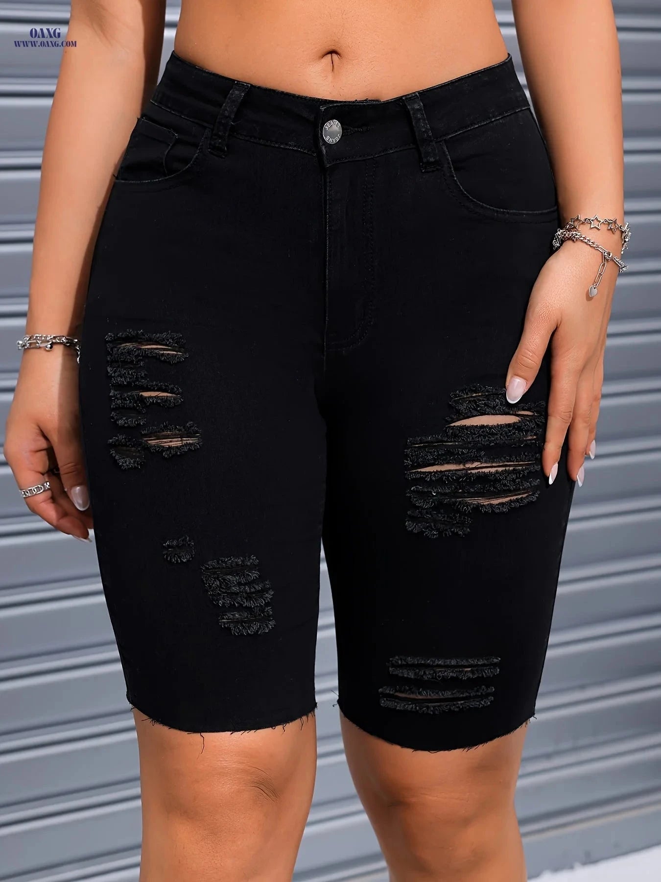 Solid Color Elastic Denim Cycling Pants - Ripped Design for Comfort   OAXG 