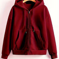 Solid Color European and American Fashion Women's Sports Hooded Zip-Up Sweatshirt for Autumn and Winter   OAXG Burgundy / S